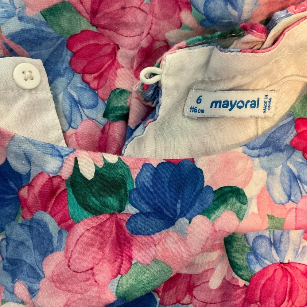 Mayoral Floral Ruffle Tiered Dress Kids Size 6 Pink Blue Excellent